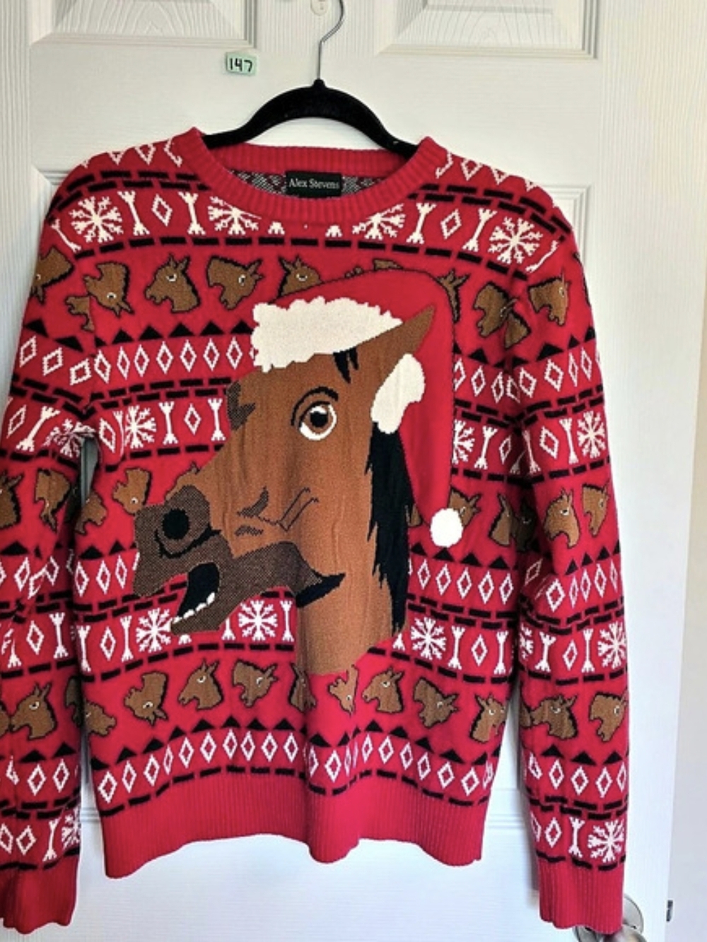 Alex Stevens Horse Santa Hat Ugly Christmas Sweater Red